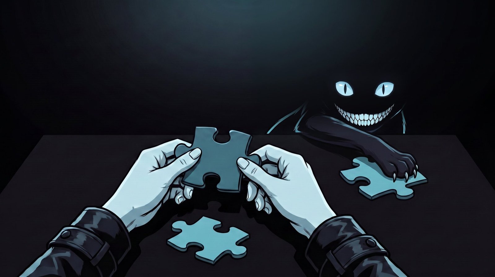 Hands holding a puzzle piece on a black table while the cat, only eyes and a grin in the dark, paws another piece away