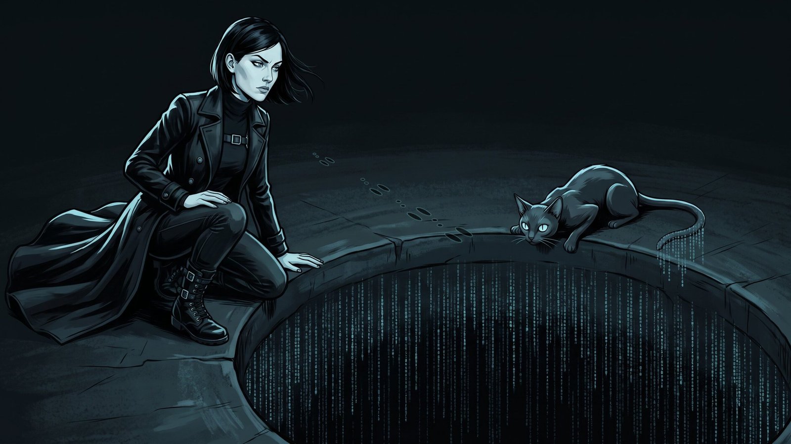 Alice crouched at the rim of a hole full of falling cyan characters, one brow raised, the black cat peering over the edge