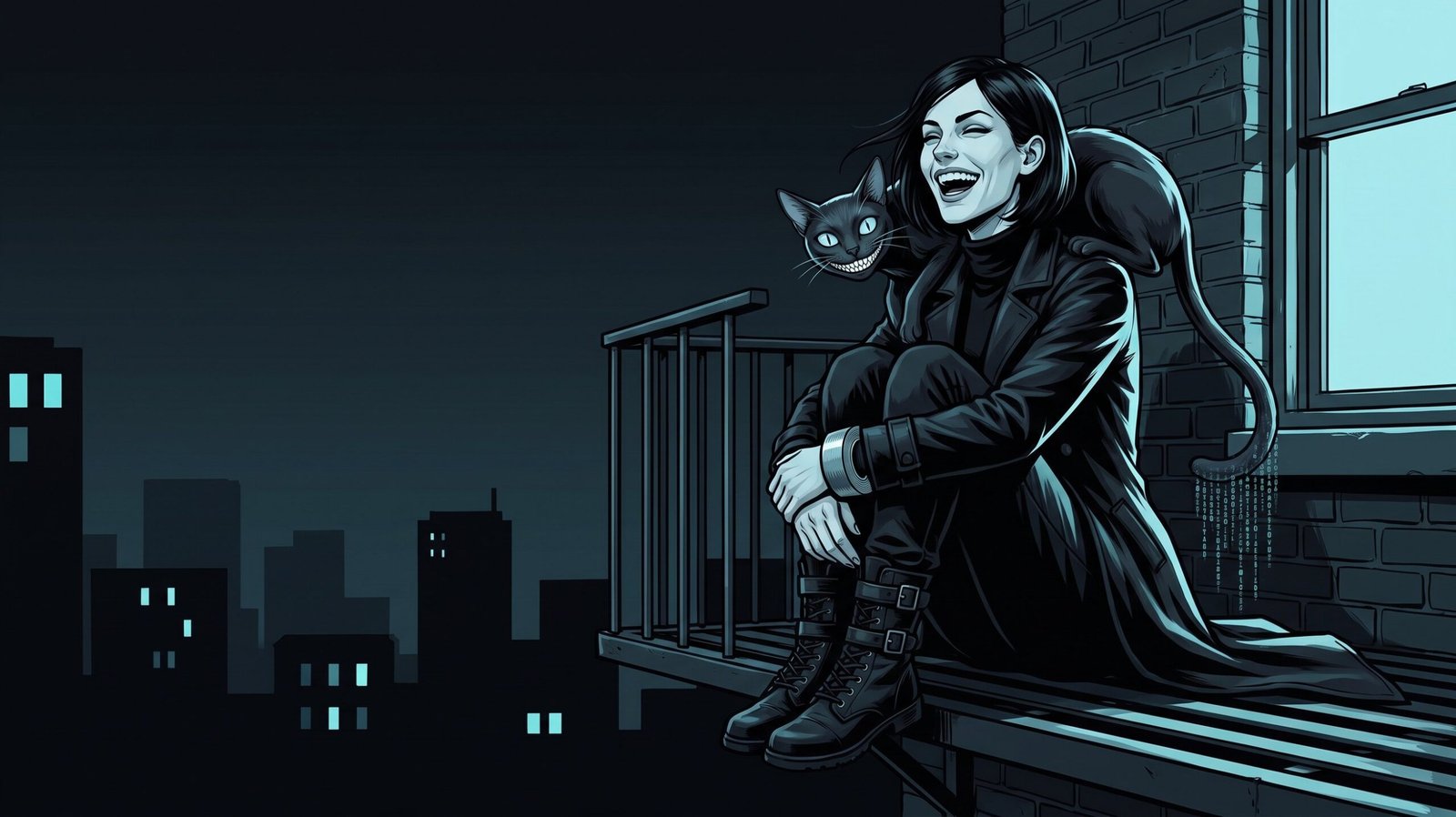 Alice laughing on a fire escape at night, a roll of duct tape on her wrist, the black cat grinning on her shoulder