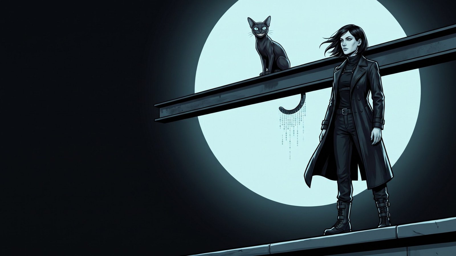 Alice in a long black coat on a rooftop ledge under a full moon, the black cat grinning from the steel girder beside her, his tail falling into code